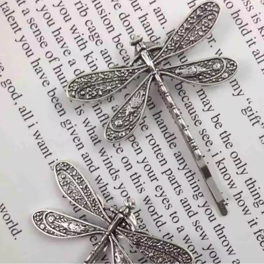 Silver Dragonfly Hair Clips 2 Set - Picture 3 of 7